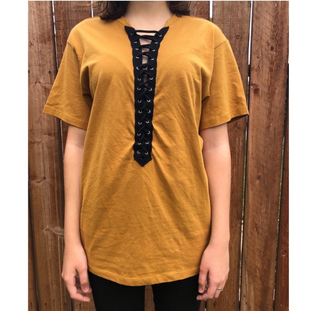 (NWOT) Mustard Yellow Lace Up T-Shirt